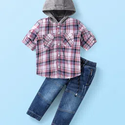 Babyhug Cotton Woven Full Sleeves Checkered Hooded Shirt & Jeans Set - Blue & Pink-picture-17