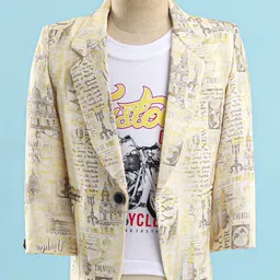 Rikidoos Full Sleeves Alphabets Printed Blazer With Typography Printed Tee - Yellow & White-picture-15