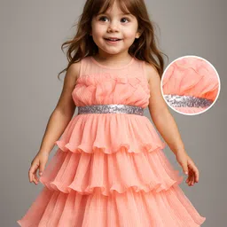 Babyhug Woven Sleeveless Ruffled Party Dress With Sequins - Peach-picture-17