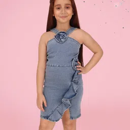 Cutecumber Sleeveless Floral Applique Denim Dress - Blue-picture-20