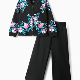 OLLINGTON ST. Cotton Winterwear Set Of Floral Printed Full Sleeves Zipper Jacket & Trackpant - Black-image-65