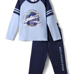 Taeko Single Jersey Knit Full Raglan Sleeves T-Shirt & Pant With Space Theme Print - Light Blue & Navy Blue-picture-29