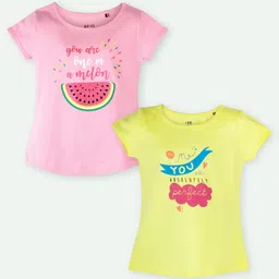 Ariel Cotton Knit Pack Of 2 Half Sleeves Watermelon & Typography Printed Tops - Pink & Yellow-picture-36