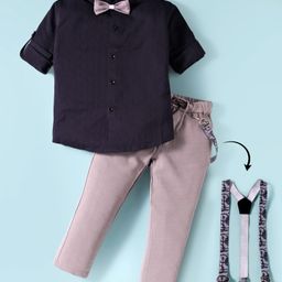 Rikidoos Full Sleeves Textured Shirt & Pant With Suspender & Bow Set - Navy Blue & Grey-picture-29
