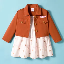 WOW Clothes Cotton Knit Frock & Full Sleeves Jacket With Teddy Bear Print - Peach-picture-27