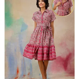 Zelena 100% Cotton Woven Half Sleeves Floral Printed Maternity Shirt Style Dress With Centre Front Access - Multi Colour-picture-18