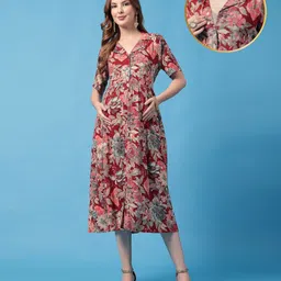 Zelena Rayon Woven Half Sleeves Floral Printed Maternity Dress With Front Open Nursing Access - Multi Colour-picture-28