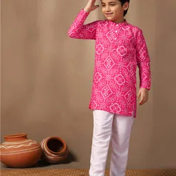 Fashion Dream Cotton Blend Woven Full Sleeves Bandhani Printed Kurta Pyjama Set - Pink-picture-28
