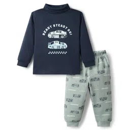 CUCUMBER Interlock Knit Full Sleeves T-Shirt & Lounge Pant Set With Text Print - Navy Blue-picture-20