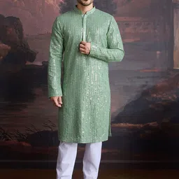 House of Pataudi Embroidered Sequinned Mandarin Collar Straight Kurta With Trouser-picture-20