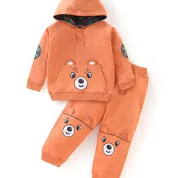 Babyhug 100% Cotton Knit Full Sleeves Hooded T-Shirt & Lounge Pant Set Teddy Applique - Orange-picture-31