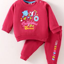 Zero Female Fleece Knit Full Sleeves Winter Wear T- Shirt & Lounge Pant Set With Text Print - Red-picture-47