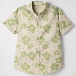 JASH KIDS Cotton Woven Half Sleeves Floral Printed Shirt - Green-image-90