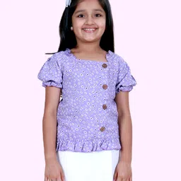 Kiddopanti Rayon Woven Half Puffed Sleeves Floral Printed Top - Lavender-picture-22