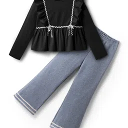 Tiara 100% Cotton Jersey Knit Full Sleeves Frill Detailed & Lace Embellished Top With Bell Bottom Pant Set - Black-picture-15
