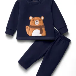 Kanvin Fleece Knit Full Sleeves Antipilling Winter Night Suit with Bear Patch Embroidery - Navy Blue-picture-26