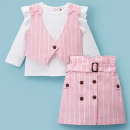 ToffyHouse Cotton Woven Full Sleeves Star Printed Top & Striped Skirt Set with Waist Coat & Belt - Pink & White-picture-12