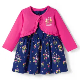 Doodle Poodle 100% Cotton Single Jersey Knit Frock With Full Sleeves Shrug - Navy Blue & Pink-picture-17