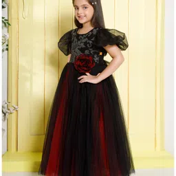 Ministitch Net Woven Half Puffed Sleeves Floral Designed Shimmered Gown - Black image 4