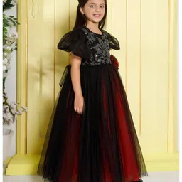 Ministitch Net Woven Half Puffed Sleeves Floral Designed Shimmered Gown - Black image 5