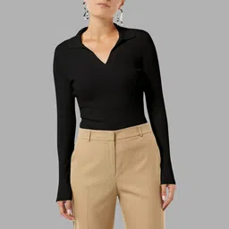 Maheshvi Women Ribbed Shirt Collar Long Sleeves Fitted Top-picture-26