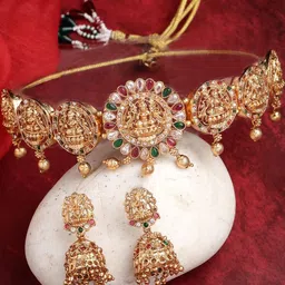 Sukkhi Women Cultivated Gold Plated Red Green AD Stones Choker Necklace Earrings Jewellery-picture-32