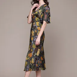 Label Ritu Kumar Floral Printed Flared Sleeve Satin Empire Midi Dress image 5