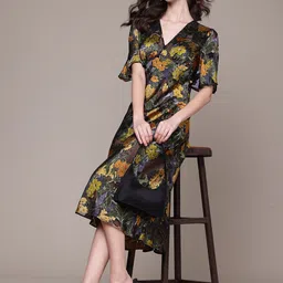 Label Ritu Kumar Floral Printed Flared Sleeve Satin Empire Midi Dress image 2