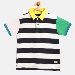 Cherry Crumble Boys Navy Blue & White Striped Polo Collar T-shirt image 1