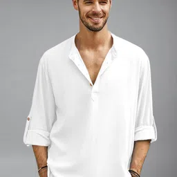 Navkanj Mandarin Collar Roll-Up Sleeves Straight Short Kurta-image-88