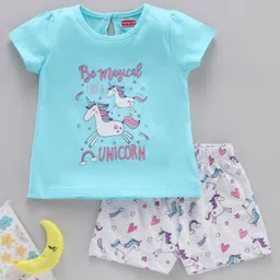 Babyhug Half Sleeves Top & Shorts Unicorn Print - Blue White-picture-18