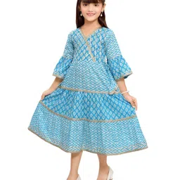 Teentaare Cotton Three Fourth Sleeves Ethnic Dress with Lace Detailing - Turquoise Blue-image-14