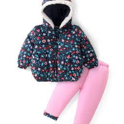 Babyhug Woven Full Sleeves Hooded Puffer Winter Wear Suit With Floral Print - Blue-picture-17