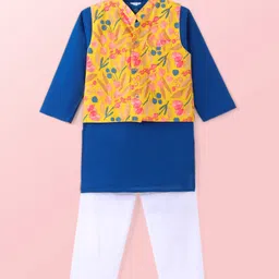 Teentaare Cotton Woven Full Sleeves Solid Colour Kurta Pyjama Set with Floral Printed Nehru Jacket - Blue White  & Yellow-picture-17