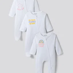 Bonfino 100% Cotton Knit Full Sleeves Sleepsuit With Text Embriodery Pack Of 3 - White-picture-25