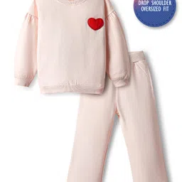 Bonfino 100% Cotton French Terry Full Sleeves Oversized Text Printed Sweatshirt & Wide Leg Leggings Set - Pink image 1