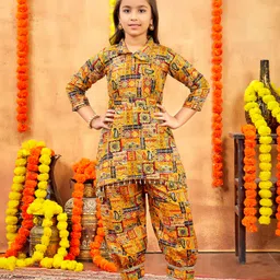 Aarika Cotton Woven Three Fourth Sleeves Paisleys Printed Sequins & Gota Lace Embellished Coordinating Kurta Patiala Set - Mustard-image-85