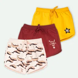 Ariel Cotton Knit Pack Of 3 Whale & Little Star Text Printed Shorts - Yellow Maroon & Peach-picture-10