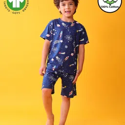 Anthrilo 100% Organic Cotton Knit Half Sleeves Space Theme Printed Tee & Coordinating Shorts Set - Navy Blue-picture-18
