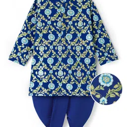 EARTHY TOUCH Single Jersey Knit Full Sleeves Kurta Dhoti Set with Floral Glitter Print - Blue-picture-28