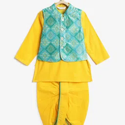 Campana 100% Cotton Woven Full Sleeves Solid Dhoti Kurta With Bandhani Printed Jacket Set - Yellow & Blue-picture-13