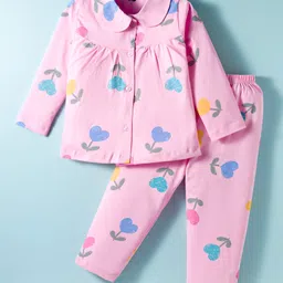 evimo Teddy Sinker Knit Full Sleeves Co-ords Night Suit with Floral Print - Pink-picture-26