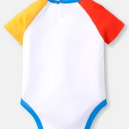 Babyhug Interlock Knit Half Sleeves Onesie With Bear & Peak-A- Boo Text Print - White Red & Yellow image 2