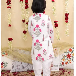 BownBee Pure Cotton Woven Full Sleeves Hand Block Floral Printed Kurta & Pyjama Set - Pink image 3