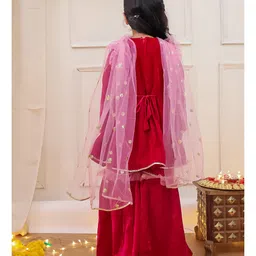 KID1 Velvet Woven Full Sleeves Gota Lace Embellished Kurti Sharara With Dupatta Set - Rani image 3