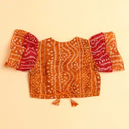 The Magic Wand Woven Frill Sleeves Bandhani Printed Tassels Detailed Lehenga Choli Set With Dupatta - Orange image 3