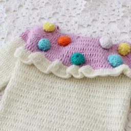 Woonie Hand knitted Full Sleeves Pom Pom Embellished & Colour Blocked Sweater - Cream image 4