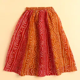 The Magic Wand Woven Frill Sleeves Bandhani Printed Tassels Detailed Lehenga Choli Set With Dupatta - Orange image 4