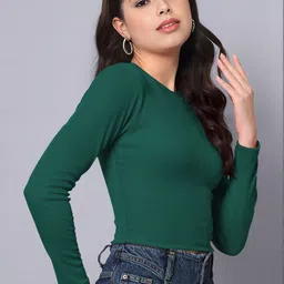 Maheshvi Women Ribbed Round Neck Long Sleeves Crop Fitted Top image 4
