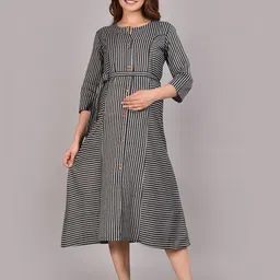 GMI Women Striped Round Neck Maternity Cotton A-Line Midi Dress-picture-30